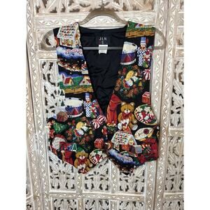Vintage Christmas Vest Women's MEDIUM Black Red Multi AOP Y2K Cotton JLN USA
